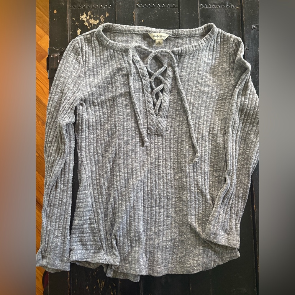 Gray Ribbed Lace-Up Sweater